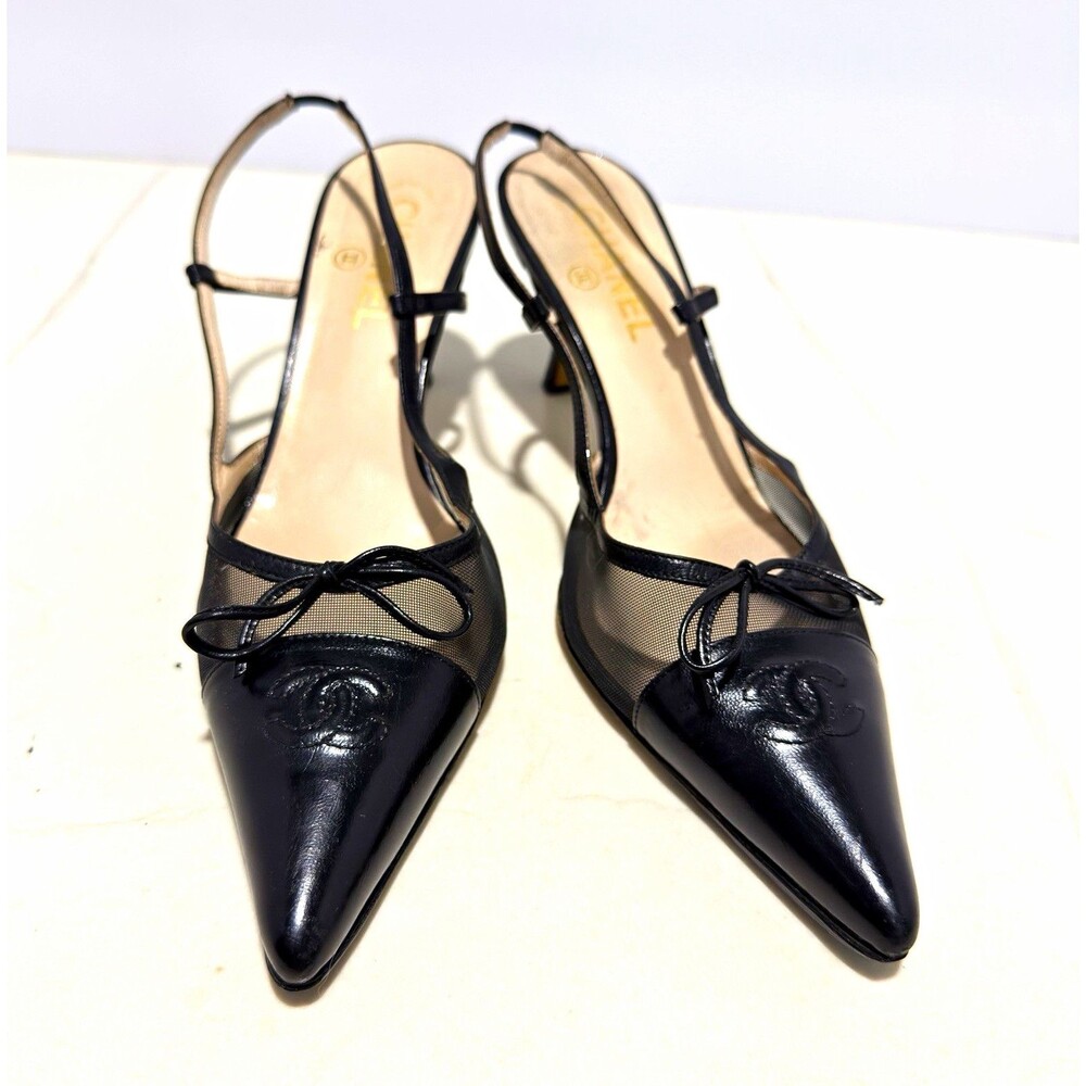 CHANEL BLACK MESH CC BOW SLINGBACK HEELS (IT 40)